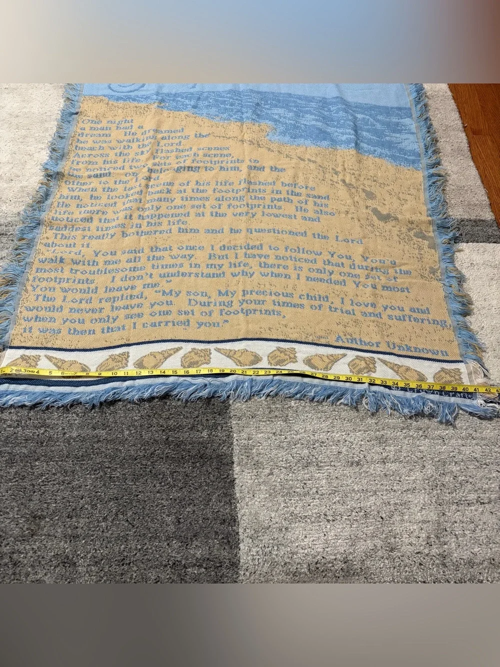 Vtg Footprints/Walk with Thee Jacquard Woven Throw Blanket Tapestry Style 51x41
